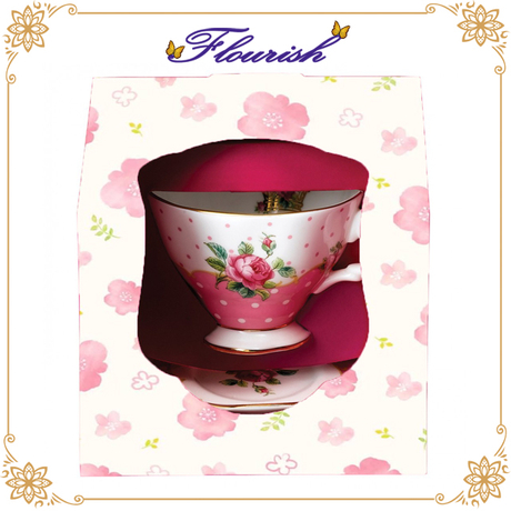 Blumendruck-rosa Papp-Teetasse und Untertasse-Geschenk-Anzeigebox